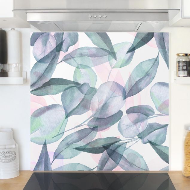 paraschizzi cucina vetro magnetico Acquerello di foglie di eucalipto blu e rosa