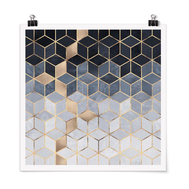 Poster - Bianco d'oro Geometria Blu - Quadrato 1:1
