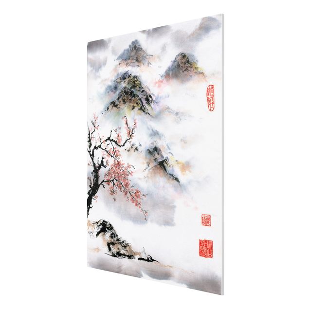 Stampa su Forex - Giapponese disegno ad acquerello Ciliegio E Montagne - Verticale 4:3
