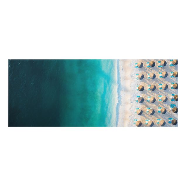 Paraschizzi in vetro - Spiaggia sabbiosa bianca con ombrelloni di paglia - Panorama 5:2