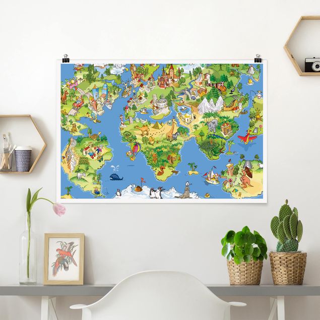 Poster illustrazioni Mappa del mondo grande e divertente