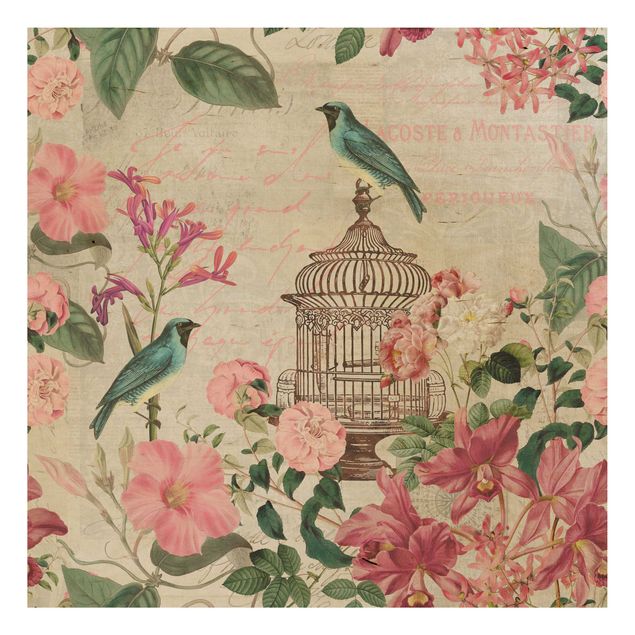Stampa su legno - Shabby Chic Collage - Fiori rosa e Bluebirds - Quadrato 1:1