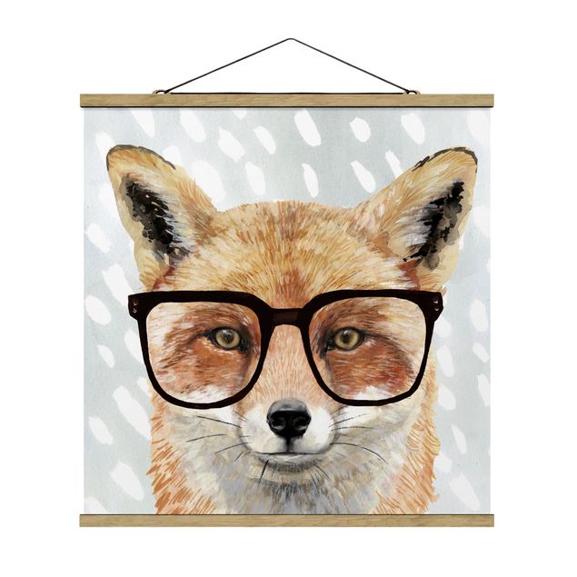 Quadro su tessuto con stecche per poster - Animali Occhialuto - Fox - Quadrato 1:1