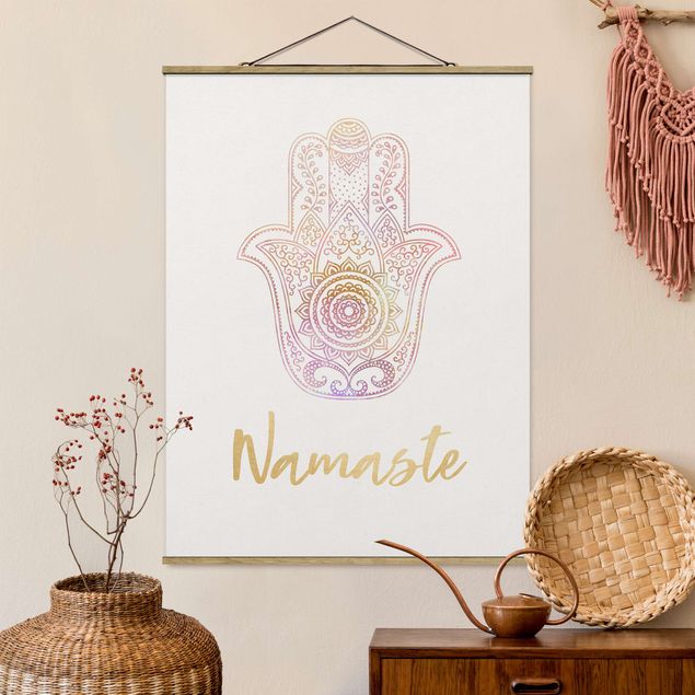 Foto su tessuto da parete con bastone - Illustrazione Hamsa mano Namaste oro rosa - Verticale 4:3