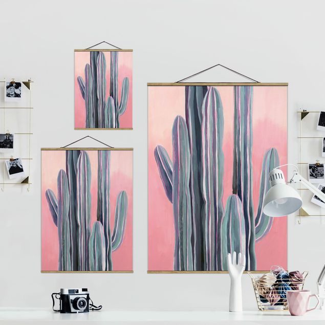 Foto su tessuto da parete con bastone - Cactus su rosa I - Verticale 4:3