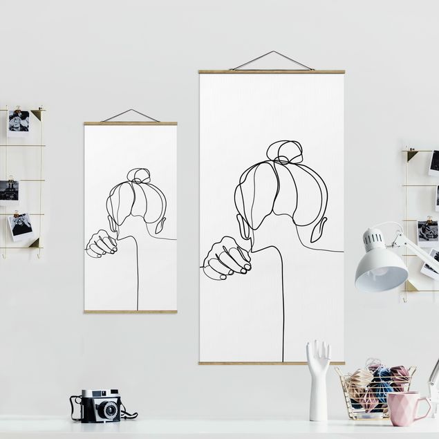 Quadro su tessuto con stecche per poster - Line Art collo donna Bianco e nero - Verticale 2:1
