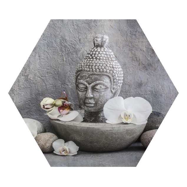 Esagono in Alluminio Dibond - Zen Buddha, orchidee e pietre