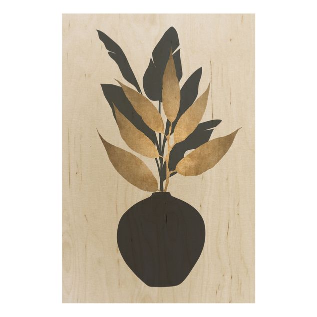 Stampa su legno - Mondo vegetale grafico - Oro e nero - Verticale 3:2