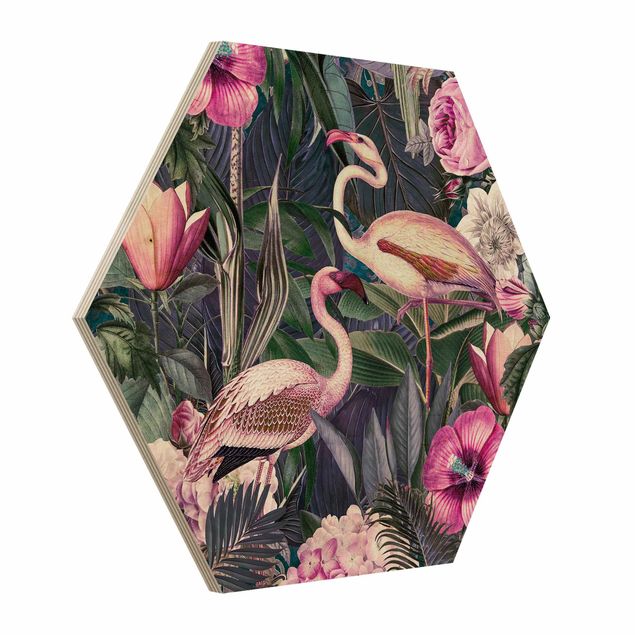Esagono in legno - Colorato collage - Fenicotteri Rosa In The Jungle