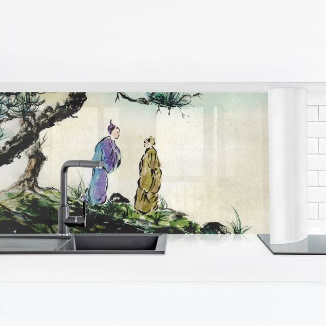 Rivestimenti cucina moderni Disegno acquerello giapponese pino e villaggio di montagna
