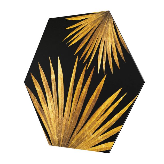 Esagono in Alluminio Dibond - Gold - Palm Leaf On Black