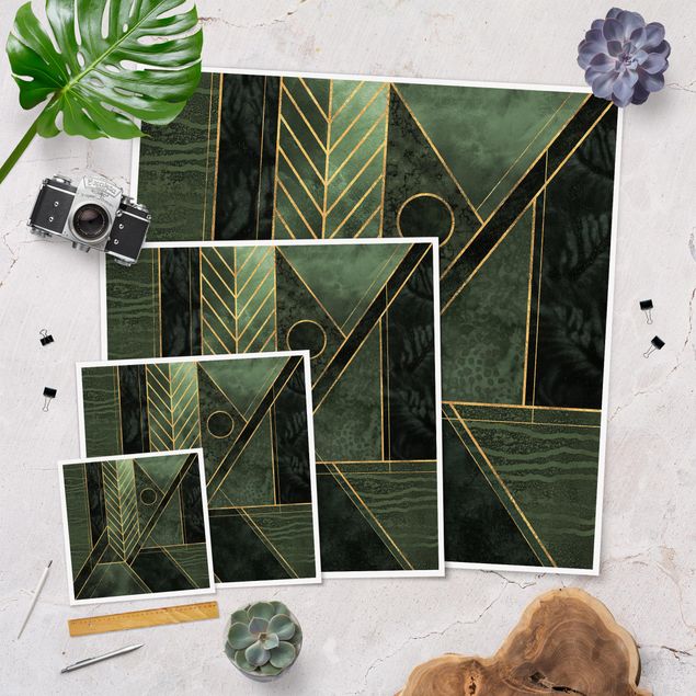 Poster - Forme geometriche oro verde smeraldo - Quadrato 1:1