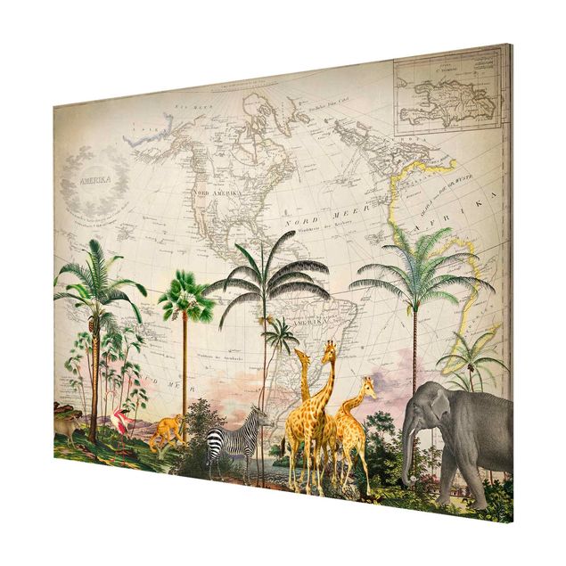 Lavagna magnetica - Vintage Collage - Wildlife sulla mappa del mondo - Formato orizzontale 3:4