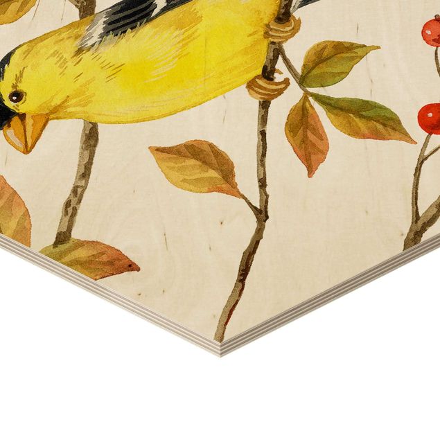 Esagono in legno - Uccelli e Bacche - American Goldfinch