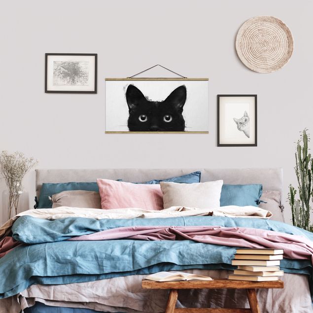 Foto su tessuto da parete con bastone - Laura Graves - Illustrazione pittura Gatto nero su bianco - Orizzontale 1:2