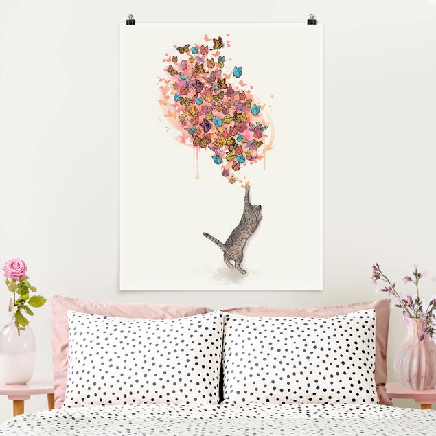 Quadri animali Illustrazione - Gatto con farfalle colorate pittura