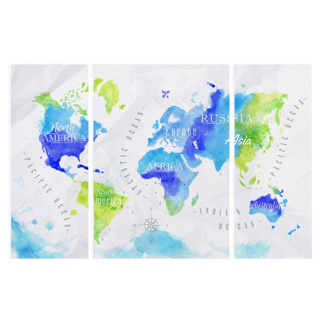 Stampa su tela 3 parti - World Map watercolor blue green - Trittico