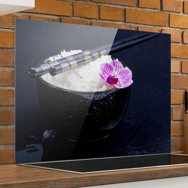 paraschizzi cucina vetro magnetico Ciotola di riso con orchidea