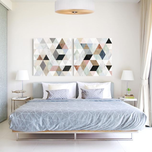 Quadri moderni per soggiorno Mosaico ad acquerello con triangoli Set I