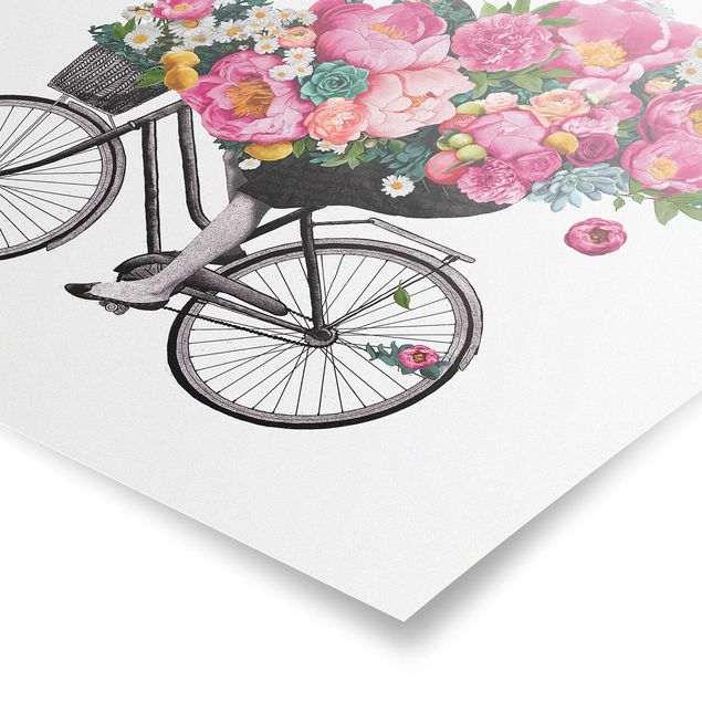 Poster - Illustrazione Donna in bicicletta Collage fiori variopinti - Quadrato 1:1