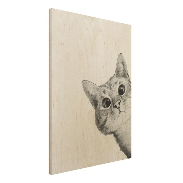 Stampa su legno - Illustrazione Cat Disegno Nero Bianco - Verticale 4:3