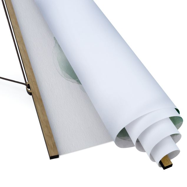 Quadro su tessuto con stecche per poster - Acquarelli - Farfalla E gocce di rugiada In Pastel Verde - Quadrato 1:1