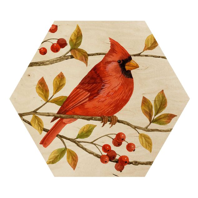 Esagono in legno - Uccelli e Bacche - Northern Cardinal