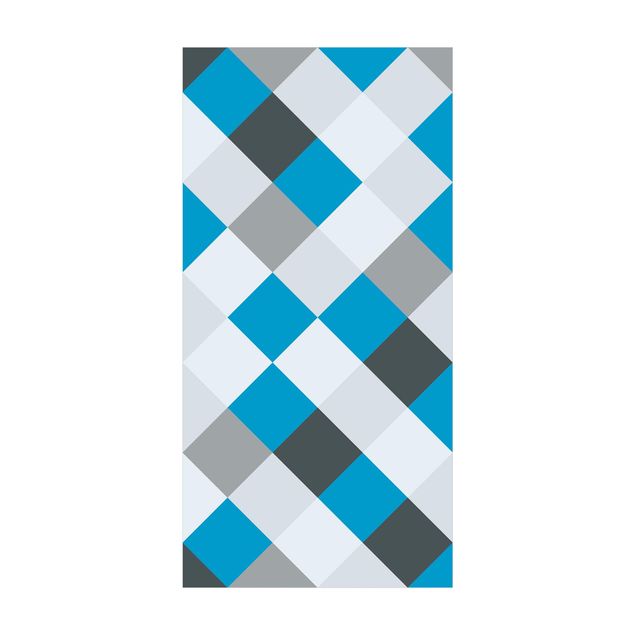 Tappeto salotto moderno grigio Motivo geometrico scacchiera ruotata blu