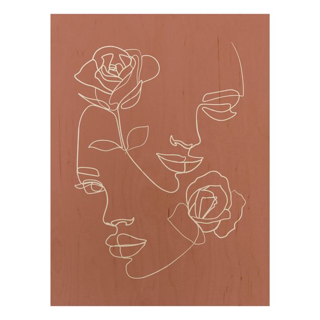 Stampa su legno - Line Art Faces donne Roses rame - Verticale 4:3