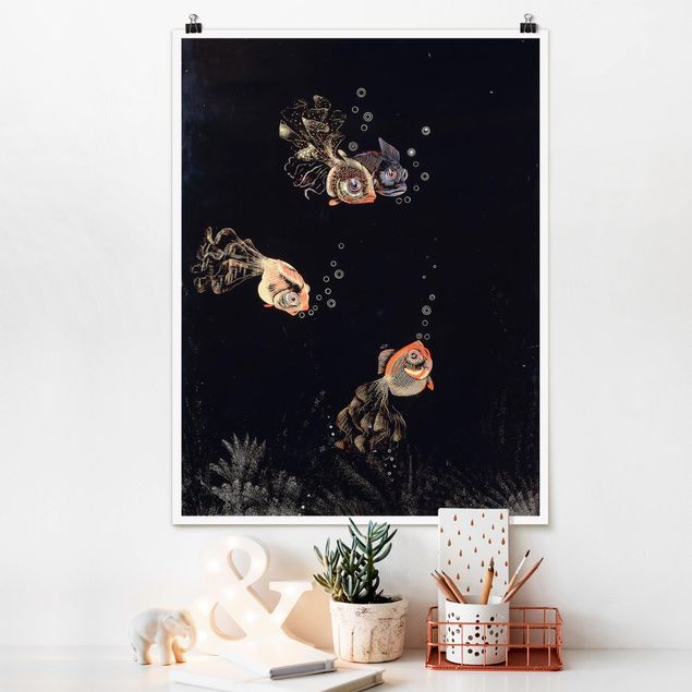 stampe animali Jean Dunand - Scena subacquea con pesci rossi e dorati e bolle di sapone
