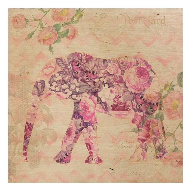 Stampa su legno - Vintage Collage - Pink Elephant Fiori - Quadrato 1:1