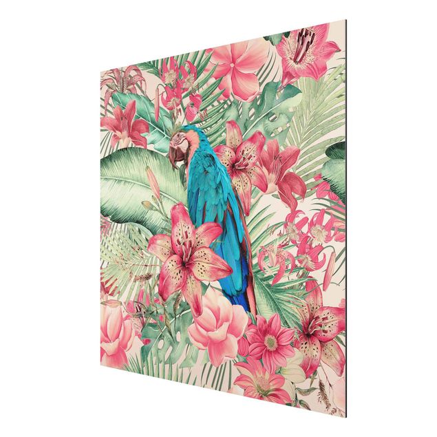 Stampa su alluminio - Paradiso floreale con pappagallo tropicale