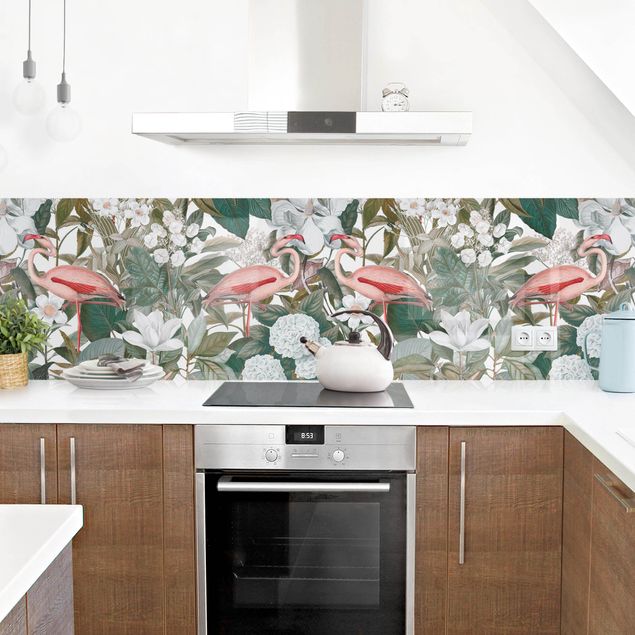 rivestimento cucina moderna Fenicotteri rosa con foglie e fiori bianchi