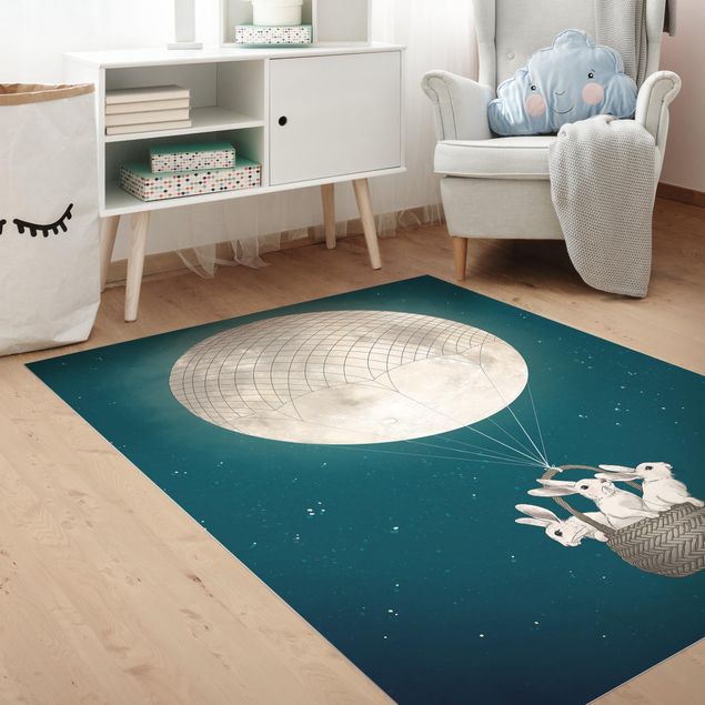 Tappeti moderni Illustrazione - Conigli e luna come mongolfiera cielo stellato