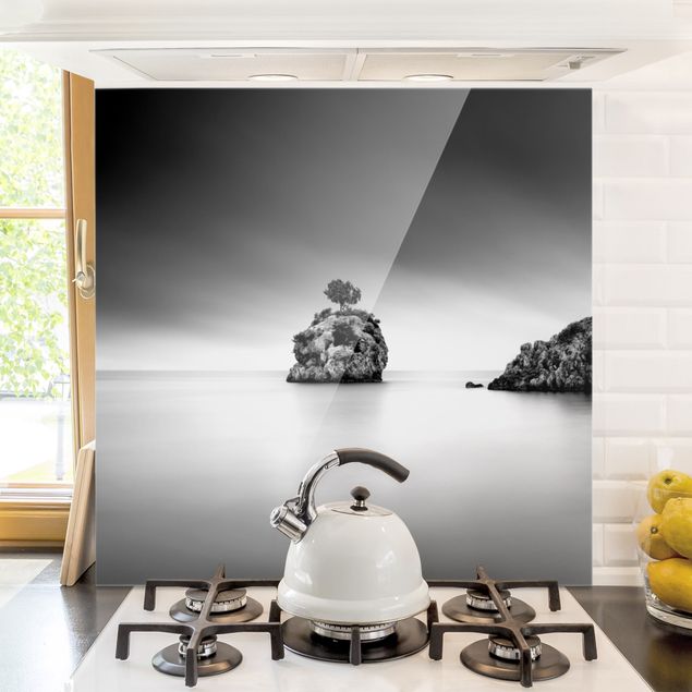 paraschizzi cucina vetro magnetico Isola rocciosa nel mare Bianco e nero