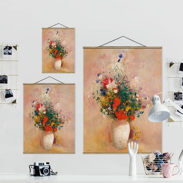 Foto su tessuto da parete con bastone - Odilon Redon - vaso con fiori (rosa sfondo color) - Verticale 4:3