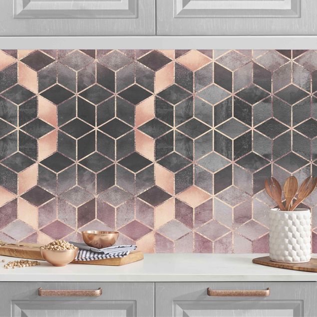 Rivestimenti cucina pannello Geometria dorata con rosa e grigio II