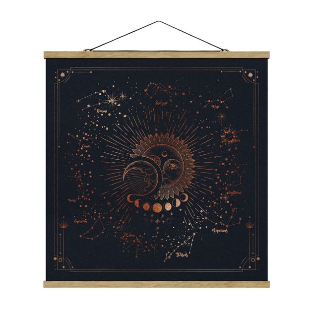 Quadro su tessuto con stecche per poster - L'astrologia Sun Moon And Stars Blue Gold - Quadrato 1:1
