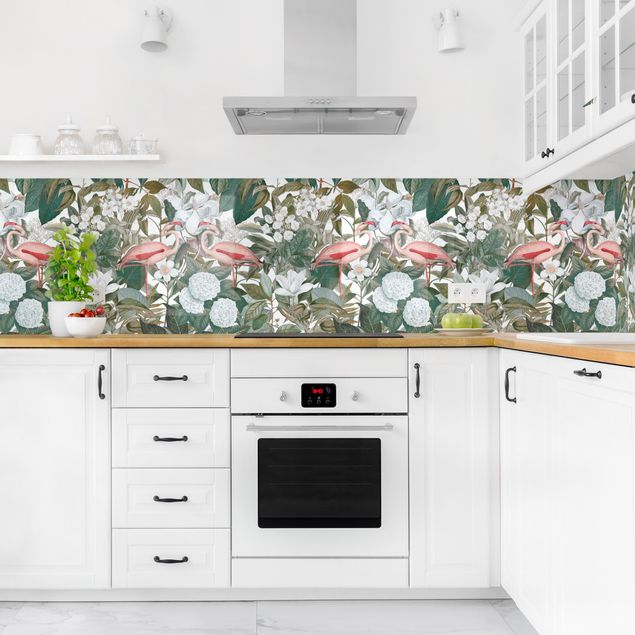 Rivestimenti cucina di plastica Fenicotteri rosa con foglie e fiori bianchi II