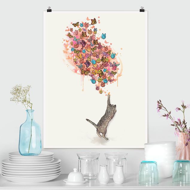 Poster cameretta bambini animali Illustrazione - Gatto con farfalle colorate pittura