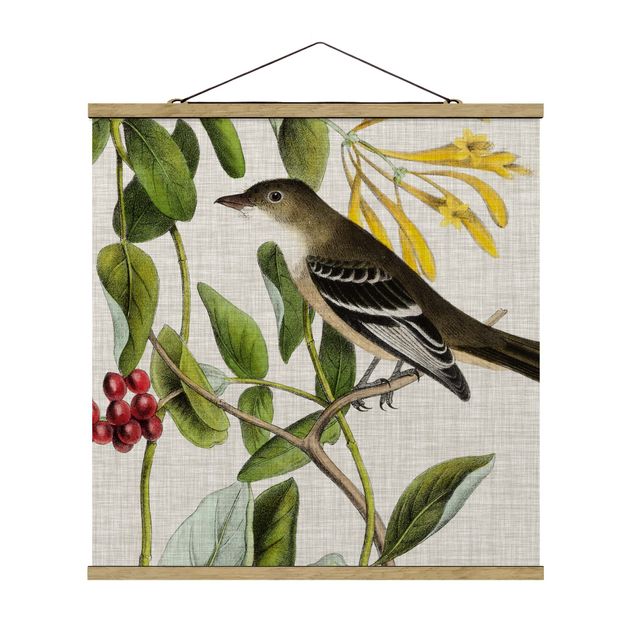 Quadro su tessuto con stecche per poster - Bird On lino giallo II - Quadrato 1:1