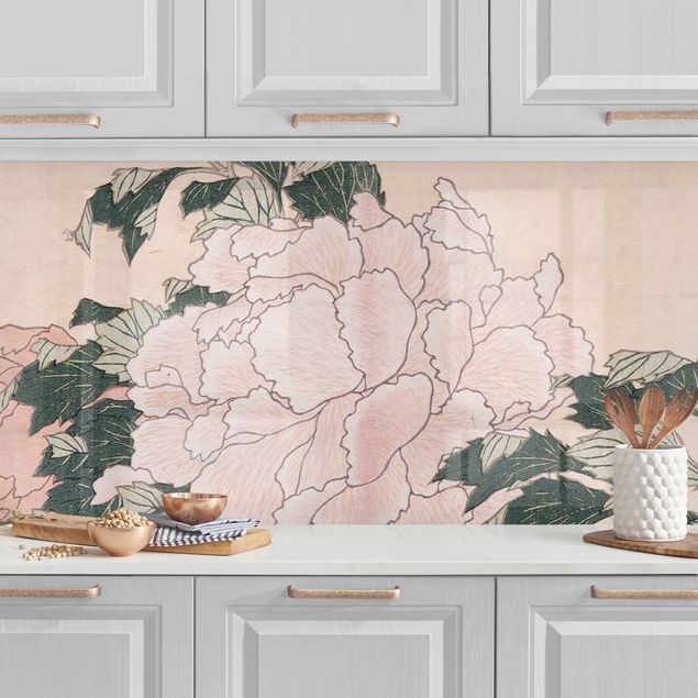 Rivestimenti cucina pannello Katsushika Hokusai - Peonie rosa con farfalla
