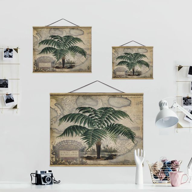 Foto su tessuto da parete con bastone - Vintage Collage - Palm e mappa del mondo - Orizzontale 3:4