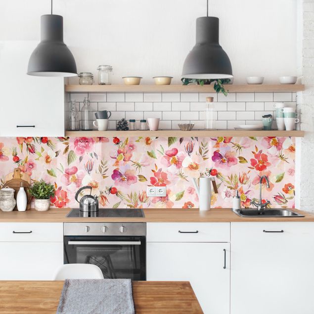 Rivestimenti cucina adesivi Fiori ad acquerello su rosa chiaro