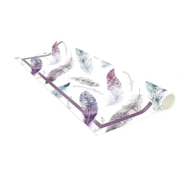 Tappeto bagno viola Piume ad acquerello in stile bohémien nei colori melanzana e petrolio con cornice