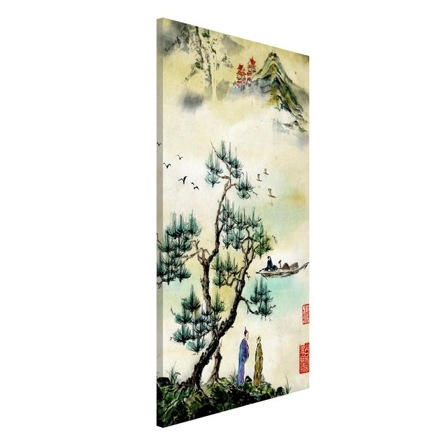 Lavagna magnetica per ufficio Disegno acquerello giapponese pino e villaggio di montagna
