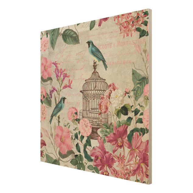 Stampa su legno - Shabby Chic Collage - Fiori rosa e Bluebirds - Quadrato 1:1