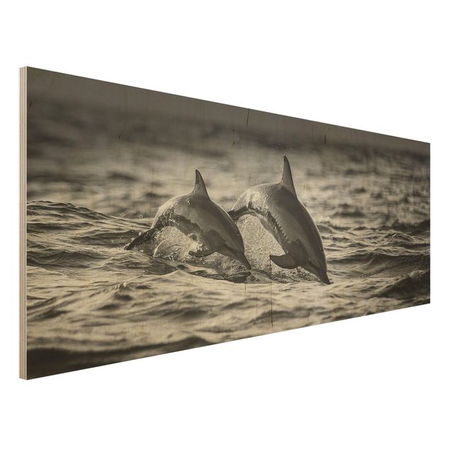 Quadro in legno - Due delfini che saltano - Panoramico