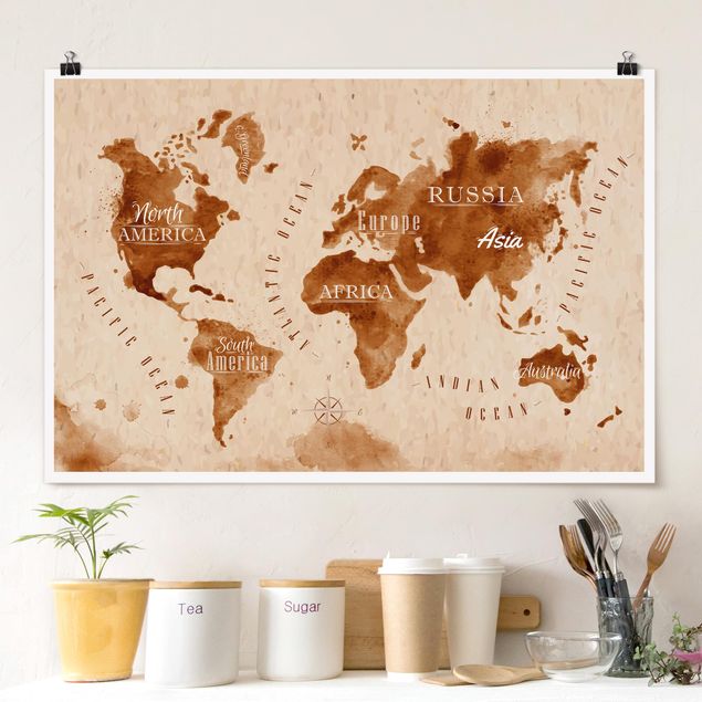 Poster illustrazioni Mappa del mondo Acquerello Beige Marrone