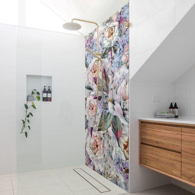 Rivestimento per doccia - Bouquet di peonie lilla in acquerello
